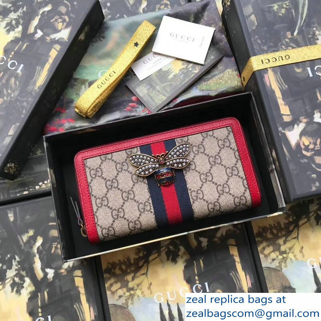 Gucci Queen Margaret Metal Pearls Bee Web GG Continental Zip Around Wallet 476069 Red