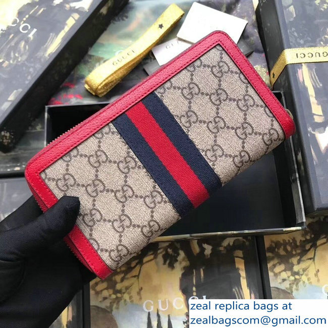 Gucci Queen Margaret Metal Pearls Bee Web GG Continental Zip Around Wallet 476069 Red