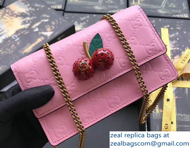 Gucci Signature Leather Mini Bag With Cherries 481291 Pink 2018 - Click Image to Close