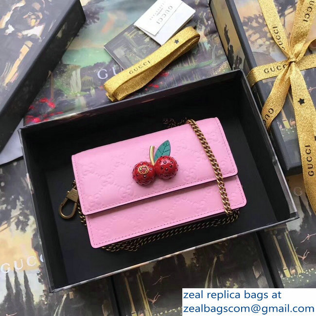 Gucci Signature Leather Mini Bag With Cherries 481291 Pink 2018