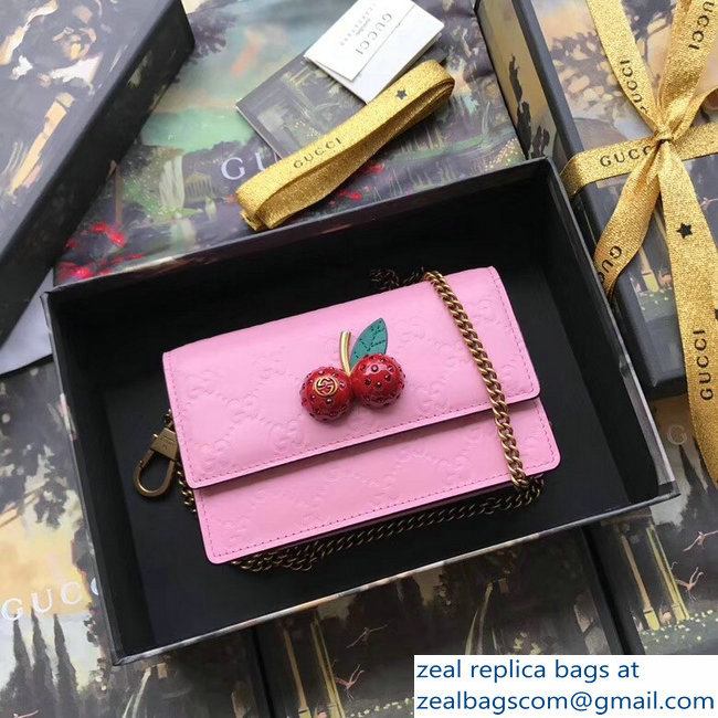 Gucci Signature Leather Mini Bag With Cherries 481291 Pink 2018 - Click Image to Close