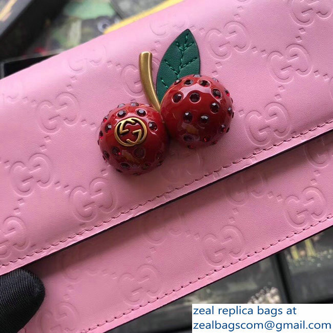 Gucci Signature Leather Mini Bag With Cherries 481291 Pink 2018 - Click Image to Close