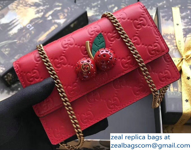 Gucci Signature Leather Mini Bag With Cherries 481291 Red 2018 - Click Image to Close