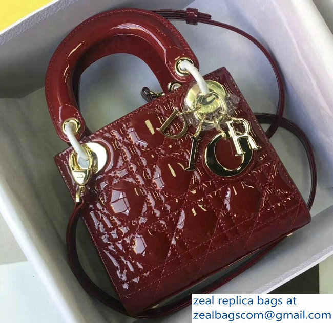 Lady Dior Small/Mini Bag with Adjustable Strap in Patent Leather Burgundy Gold