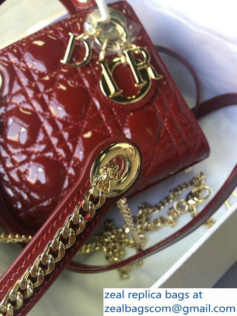 Lady Dior Small/Mini Bag with Adjustable Strap in Patent Leather Burgundy Gold - Click Image to Close