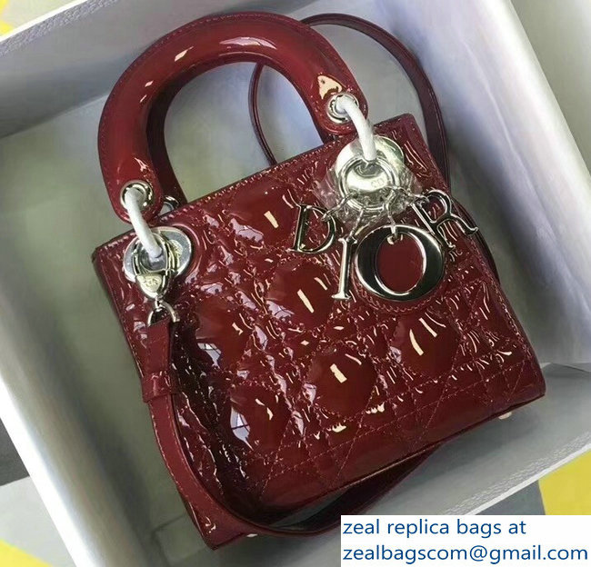 Lady Dior Small/Mini Bag with Adjustable Strap in Patent Leather Burgundy Silver