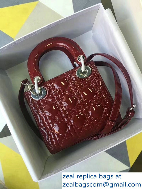 Lady Dior Small/Mini Bag with Adjustable Strap in Patent Leather Burgundy Silver