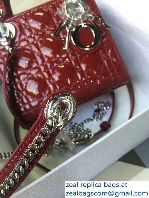 Lady Dior Small/Mini Bag with Adjustable Strap in Patent Leather Burgundy Silver - Click Image to Close