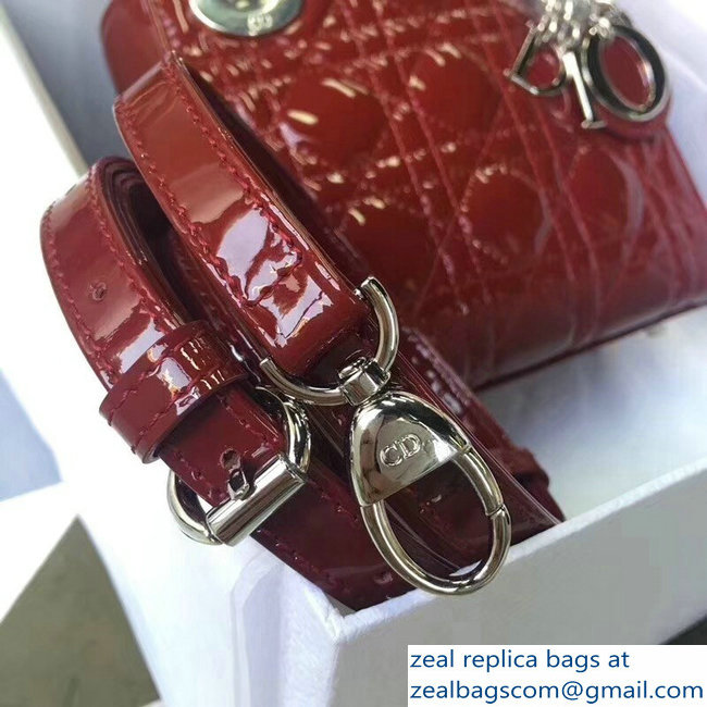 Lady Dior Small/Mini Bag with Adjustable Strap in Patent Leather Burgundy Silver