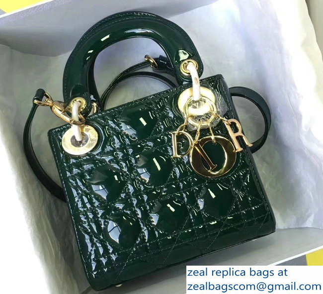 Lady Dior Small/Mini Bag with Adjustable Strap in Patent Leather Green Gold
