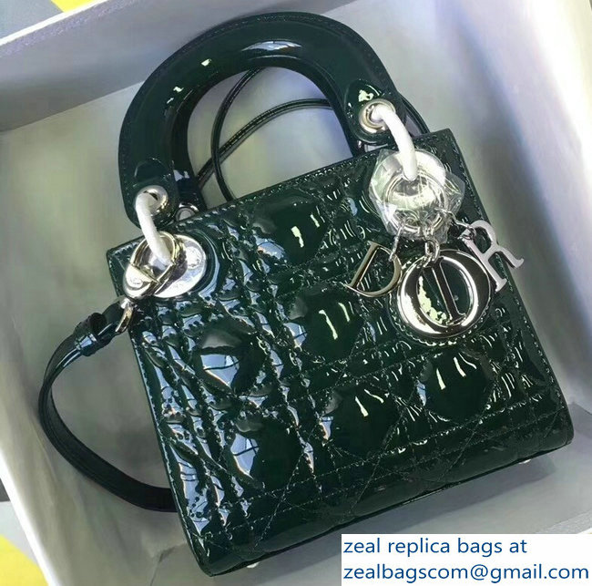 Lady Dior Small/Mini Bag with Adjustable Strap in Patent Leather Green Silver