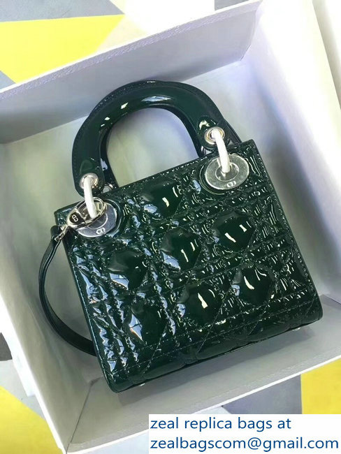 Lady Dior Small/Mini Bag with Adjustable Strap in Patent Leather Green Silver