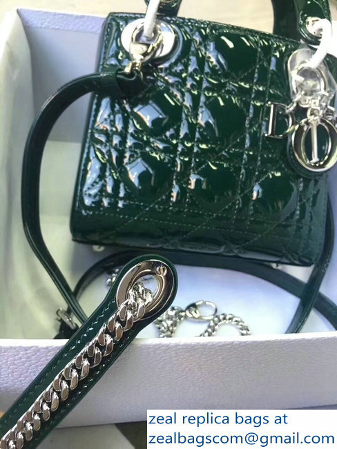 Lady Dior Small/Mini Bag with Adjustable Strap in Patent Leather Green Silver