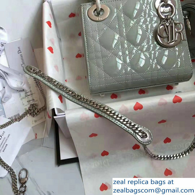 Lady Dior Small/Mini Bag with Adjustable Strap in Patent Leather Pale Green Silver