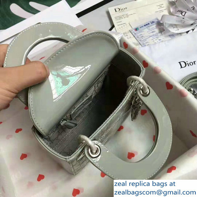 Lady Dior Small/Mini Bag with Adjustable Strap in Patent Leather Pale Green Silver