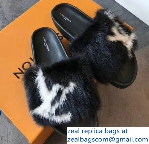 Louis Vuitton Mink Fur Bom Dia Flat Mules Black 2018 - Click Image to Close