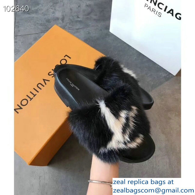 Louis Vuitton Mink Fur Bom Dia Flat Mules Black 2018 - Click Image to Close