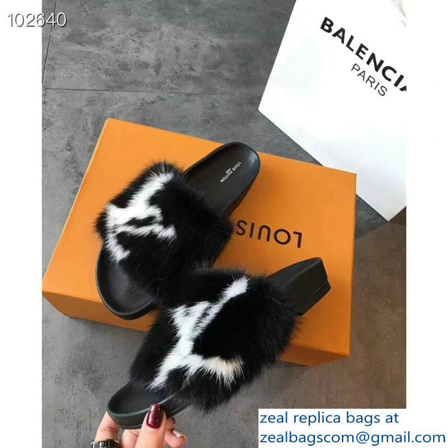 Louis Vuitton Mink Fur Bom Dia Flat Mules Black 2018 - Click Image to Close