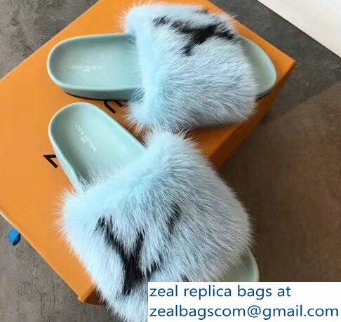 Louis Vuitton Mink Fur Bom Dia Flat Mules Sky Blue 2018 - Click Image to Close