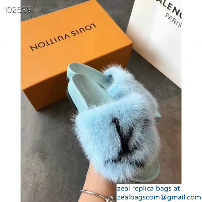 Louis Vuitton Mink Fur Bom Dia Flat Mules Sky Blue 2018 - Click Image to Close