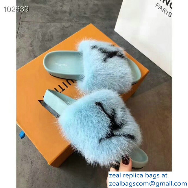 Louis Vuitton Mink Fur Bom Dia Flat Mules Sky Blue 2018 - Click Image to Close