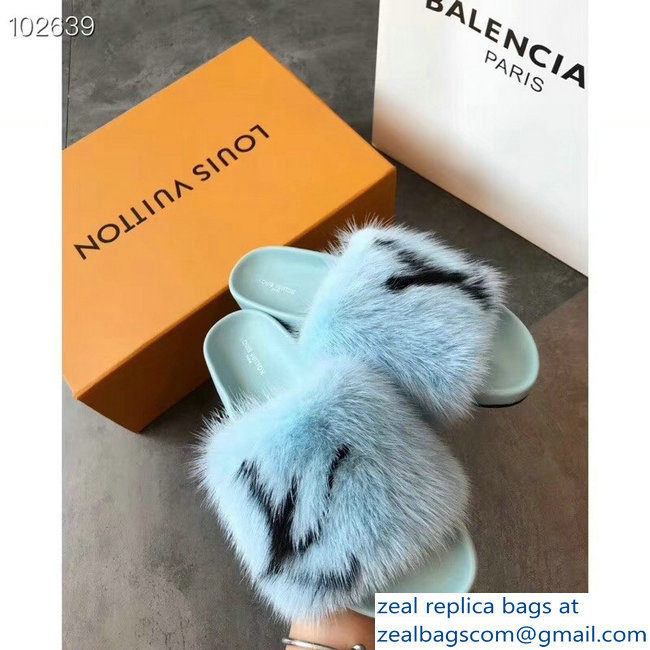 Louis Vuitton Mink Fur Bom Dia Flat Mules Sky Blue 2018