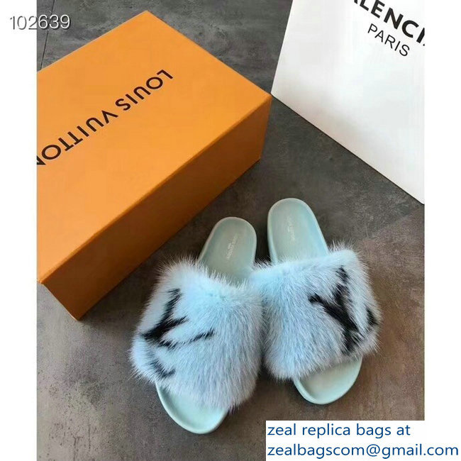 Louis Vuitton Mink Fur Bom Dia Flat Mules Sky Blue 2018 - Click Image to Close