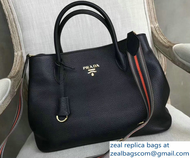 Prada Leather Tote Bag with Strap 1579 Black - Click Image to Close