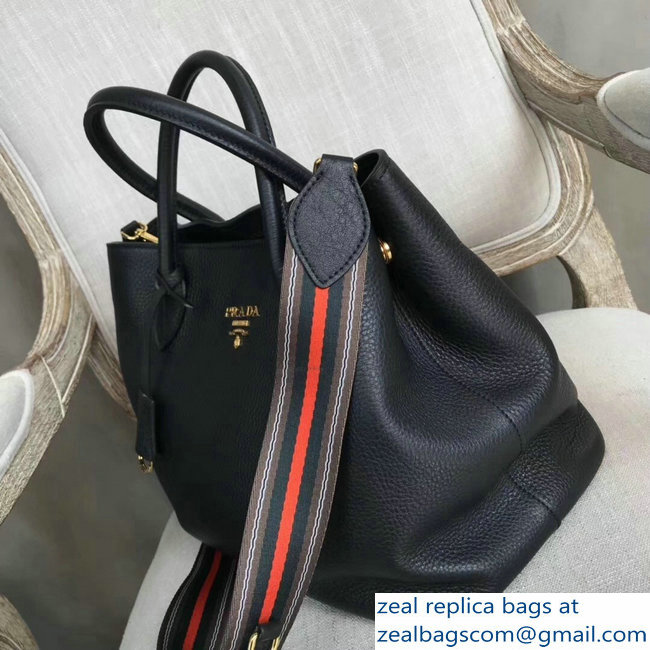 Prada Leather Tote Bag with Strap 1579 Black - Click Image to Close