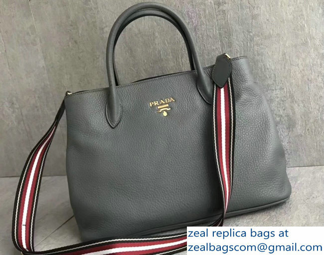 Prada Leather Tote Bag with Strap 1579 Gray - Click Image to Close