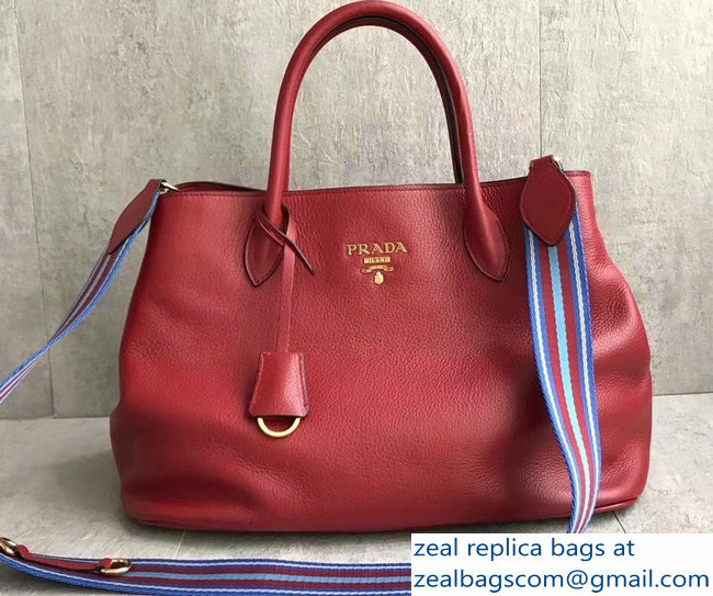 Prada Leather Tote Bag with Strap 1579 Red - Click Image to Close