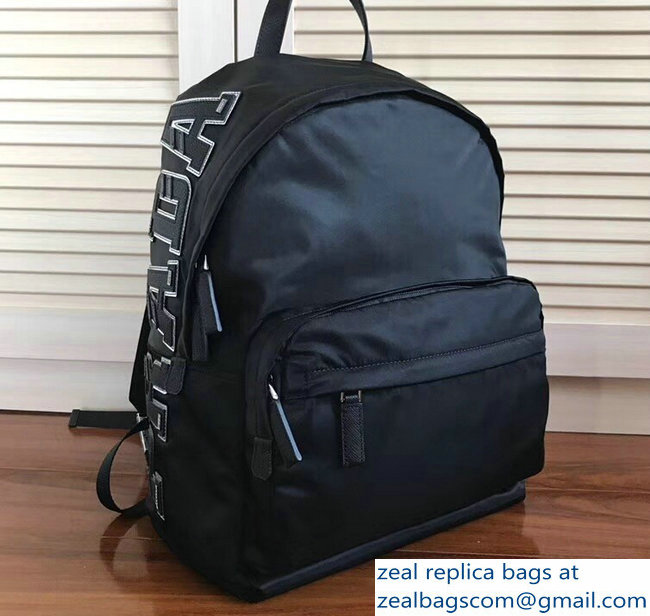 Prada Nylon and Saffiano Leather Backpack Bag 2VZ066 Black Logo Lettering 2018 - Click Image to Close