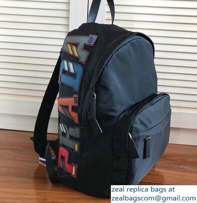 Prada Nylon and Saffiano Leather Backpack Bag 2VZ066 Black Multicolor Logo Lettering 2018 - Click Image to Close