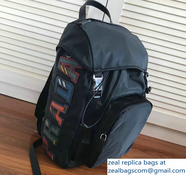 Prada Nylon and Saffiano Leather Backpack Bag 2VZ135 Black Multicolor Logo Lettering 2018 - Click Image to Close