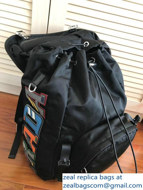 Prada Nylon and Saffiano Leather Backpack Bag 2VZ135 Black Multicolor Logo Lettering 2018