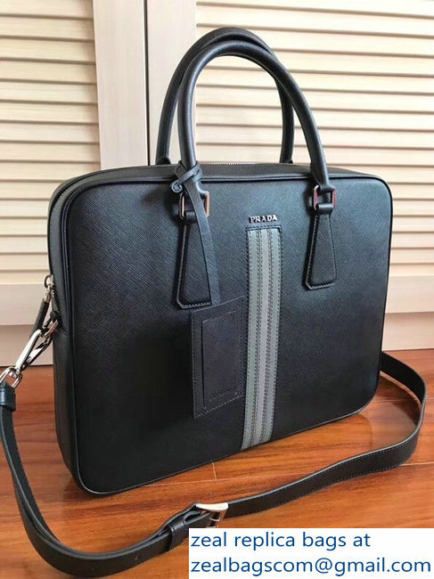 Prada Saffiano Leather Briefcase Bag 2VE368 Black with Gray Intarsia