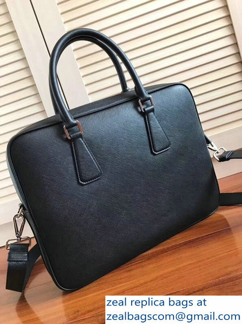 Prada Saffiano Leather Briefcase Bag 2VE368 Black with Gray Intarsia - Click Image to Close