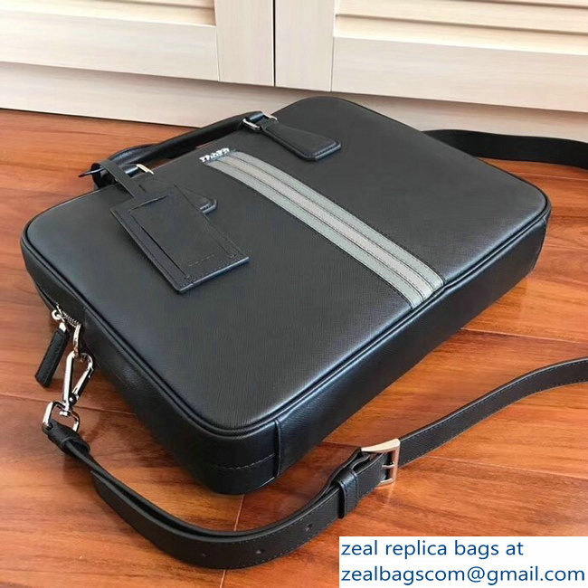 Prada Saffiano Leather Briefcase Bag 2VE368 Black with Gray Intarsia - Click Image to Close