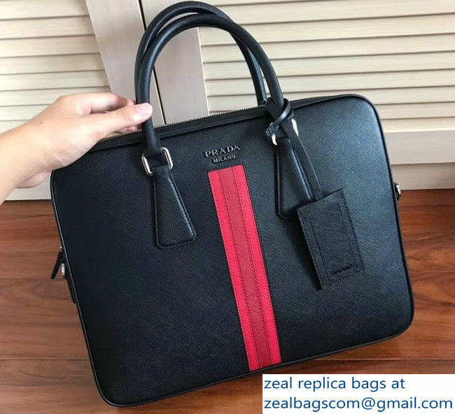 Prada Saffiano Leather Briefcase Bag 2VE368 Black with Red Intarsia - Click Image to Close