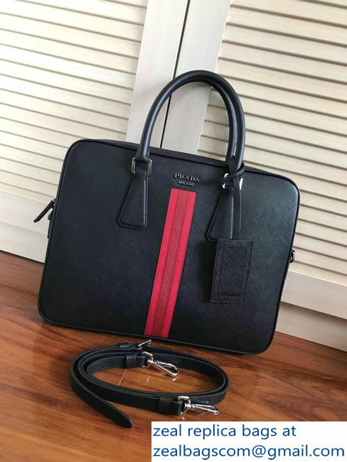 Prada Saffiano Leather Briefcase Bag 2VE368 Black with Red Intarsia - Click Image to Close