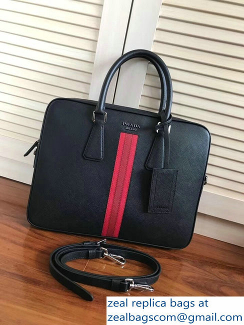 Prada Saffiano Leather Briefcase Bag 2VE368 Black with Red Intarsia