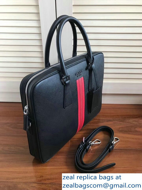 Prada Saffiano Leather Briefcase Bag 2VE368 Black with Red Intarsia - Click Image to Close
