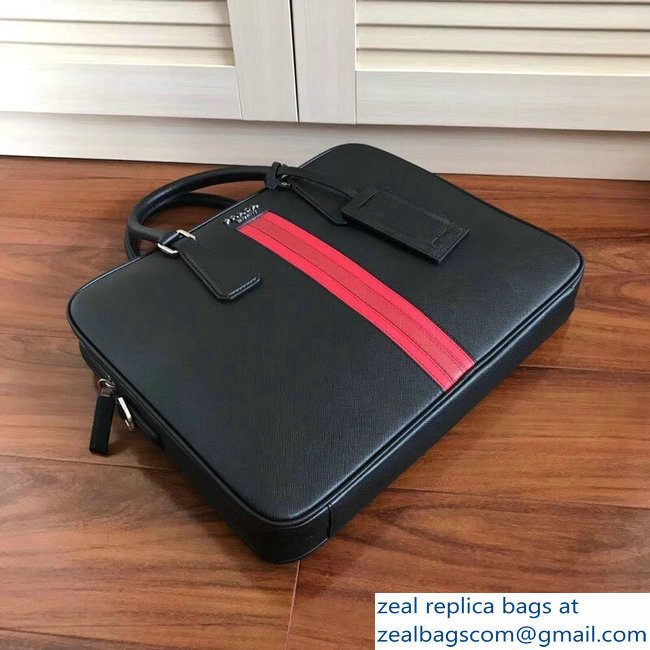 Prada Saffiano Leather Briefcase Bag 2VE368 Black with Red Intarsia - Click Image to Close