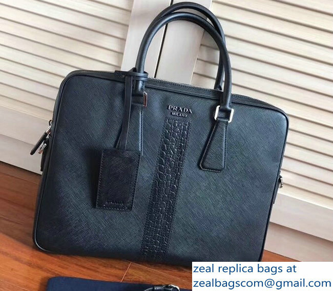 Prada Saffiano Leather Briefcase Work Bag 2VE368 Black/Crocodile