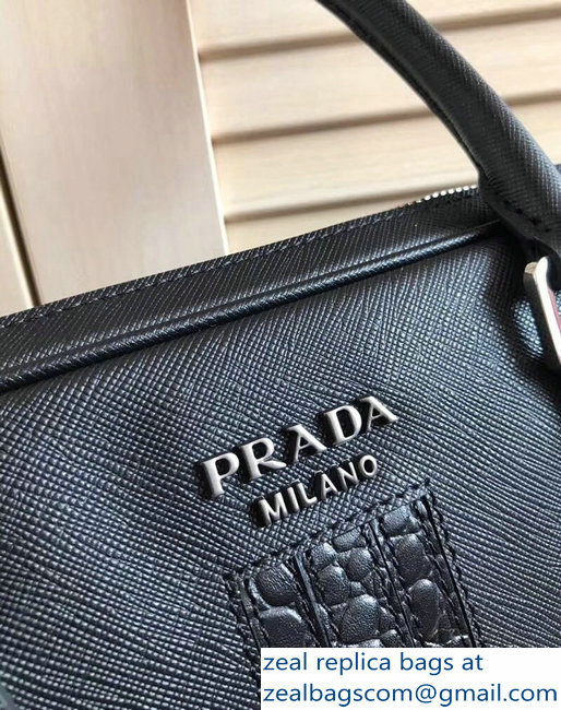 Prada Saffiano Leather Briefcase Work Bag 2VE368 Black/Crocodile