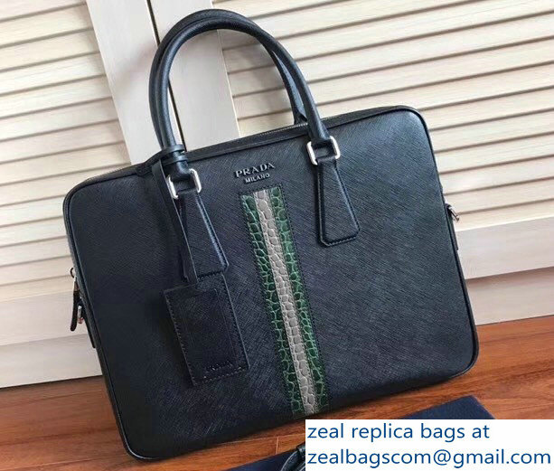 Prada Saffiano Leather Briefcase Work Bag 2VE368 Black/Green Crocodile