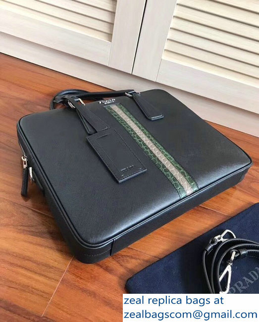 Prada Saffiano Leather Briefcase Work Bag 2VE368 Black/Green Crocodile - Click Image to Close
