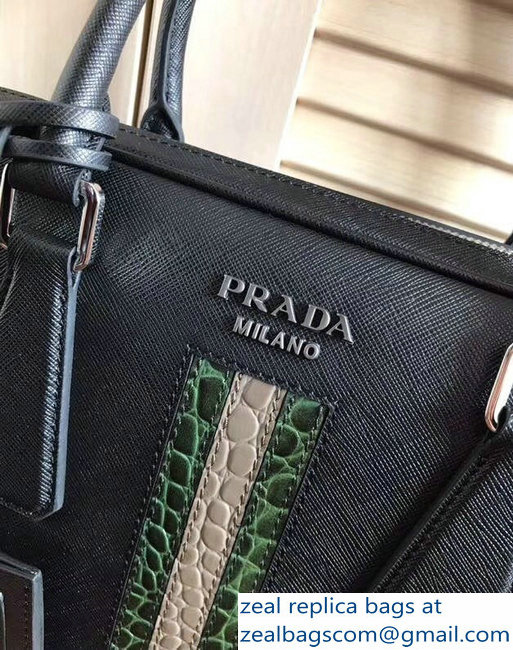 Prada Saffiano Leather Briefcase Work Bag 2VE368 Black/Green Crocodile