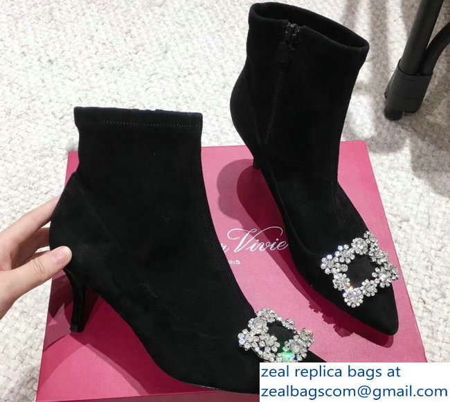 Roger Vivier Flower Strass Rivets Buckle Ankle Boots Suede Black 2018 - Click Image to Close