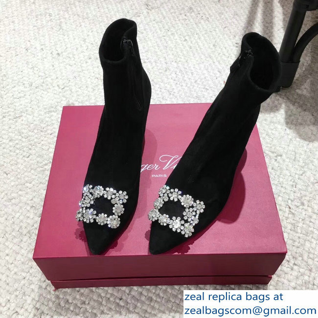Roger Vivier Flower Strass Rivets Buckle Ankle Boots Suede Black 2018 - Click Image to Close